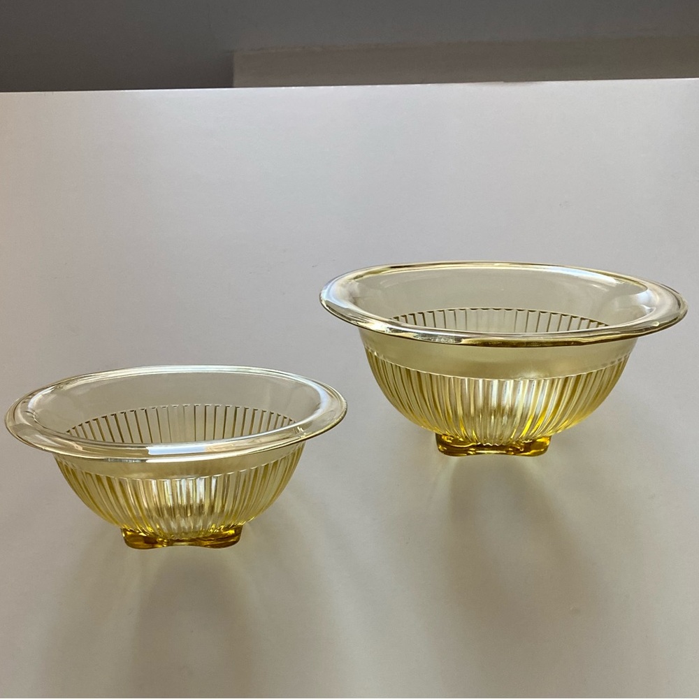Vintage Federal Canary Yellow Ribbed Depression Glass Mixing Bowls - Set of 2